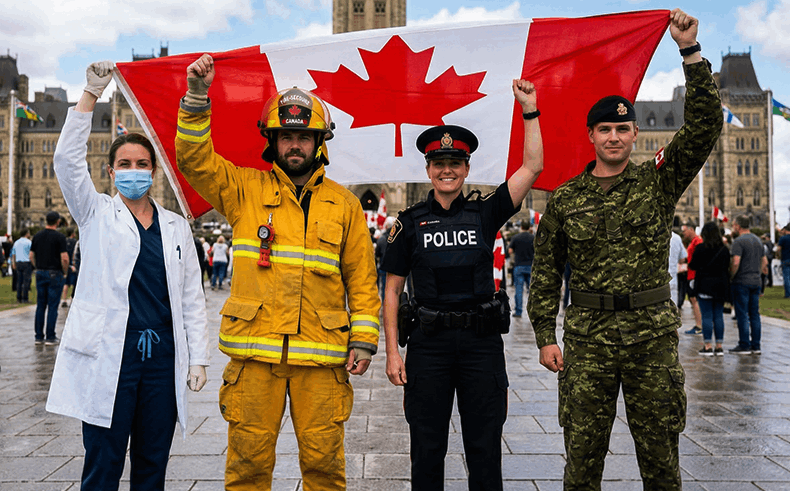 Diverse group holding Canadian flag in Ocean Park, celebrating unity and community spirit.