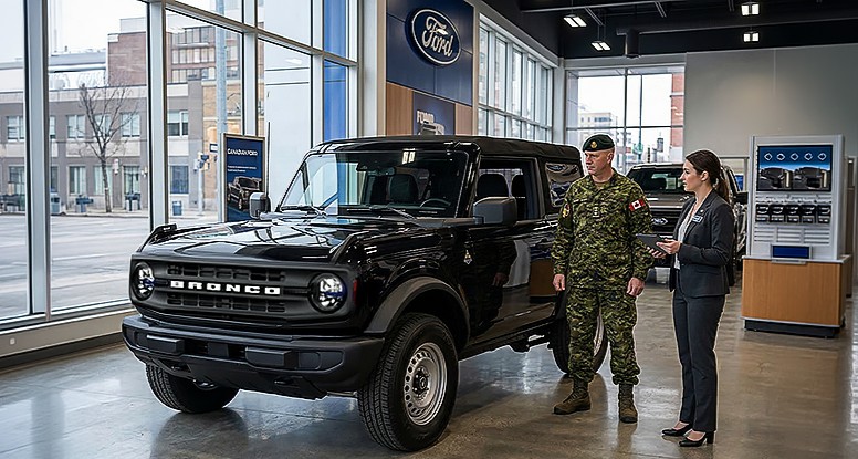 Bronco SUV showcased in a modern showroom with sales staff.