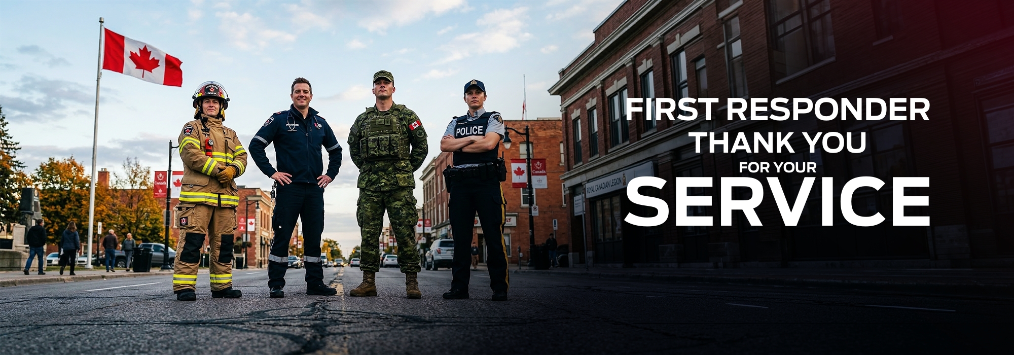 First responder heroes in uniform standing outdoors in front of a historic building with Canadian fl. Celebrating first responders with firefighters and police officers showing appreciation for their service.